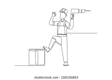 Continuous one line drawing happy workman with a drill. Engineers day concept. Single line draw design vector graphic illustration.