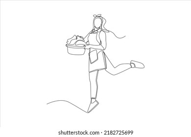 Continuous one line drawing Happy washerwoman brings a basket of laundry. Laundry service concept. Single line draw design vector graphic illustration.