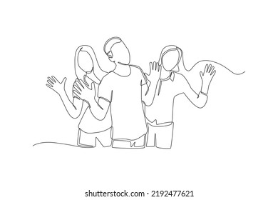 Continuous one line drawing happy people group with hands up standing together.. World smile day concept. Single line draw design vector graphic illustration.