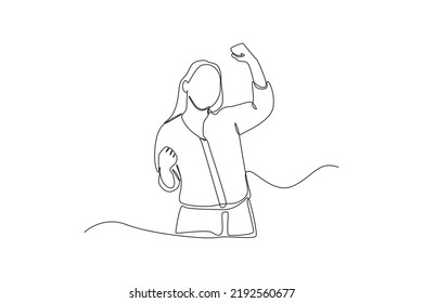 Continuous one line drawing happy young girl with hands raised. World smile day concept. Single line draw design vector graphic illustration.