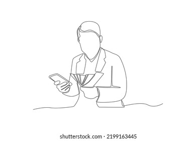Kontinuierliche Zeichnen einer Linie glücklichen Geschäftsmann erhält Geld von Smartphone. Konzept von Wohlstand und Wohlstand. Einzeilige Zeichnung, Vektorgrafik.