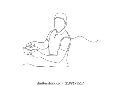 Continuous one line drawing happy businessman putting banknotes into wallet,. Wealth and prosperity concept. Single line draw design vector graphic illustration.