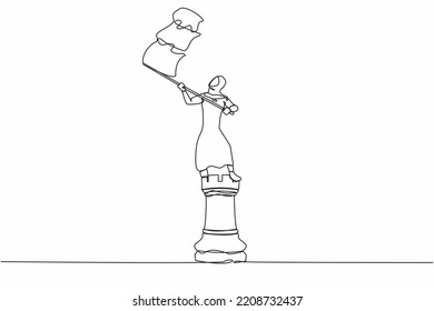 Continuo dibujo de una línea de feliz empresario árabe sobre una gran pieza de ajedrez y ondeando una bandera. Liderazgo exitoso. Ganando competencia. Ilustración vectorial de diseño de líneas simples