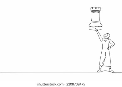 Continuous one line drawing happy Arab businesswoman holding rook chess piece. Tactical advantage, successful entrepreneurship, tactic or business strategy. Single line draw design vector illustration