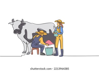 Continuous one line drawing happy couple farmer milking a cow with traditional way together. A successful harvest activity minimalism concept. Single line draw design vector graphic illustration.