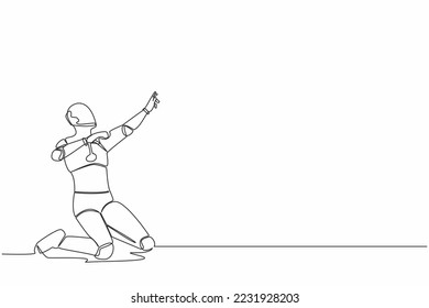 Continuous one line drawing happy robot kneeling with celebrating goal pose. Success business project. Humanoid cybernetic organism. Future robotic. Single line draw graphic design vector illustration