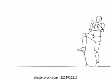 Continuous one line drawing happy robot standing with raised one leg and doing yes gesture. Humanoid cybernetic organism. Future robot development. Single line draw graphic design vector illustration
