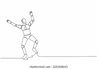 Continuous one line drawing happy robot jump with both hands raised. Successful in tech business project. Humanoid cybernetic organism. Future robotic. Single line graphic design vector illustration