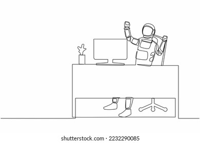 Continuous one line drawing happy astronaut sitting on workplace with raised hands. Mission accomplished in galactic exploration. Cosmonaut outer space. Single line graphic design vector illustration