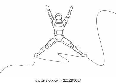 Continuous one line drawing happy astronaut jumping with raised his arms and legs. Successful in spaceship business project. Cosmonaut outer space. Single line draw graphic design vector illustration