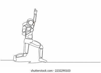 Continuous one line drawing happy astronaut standing with raise one hand and the other hand pose yes. Successful in space company. Cosmonaut outer space. Single line graphic design vector illustration