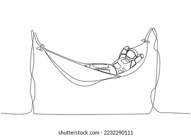 Continuous one line drawing of happy astronaut lying and sleeping in hammock. Vacation and recreation after space expedition. Cosmonaut outer space. Single line draw graphic design vector illustration