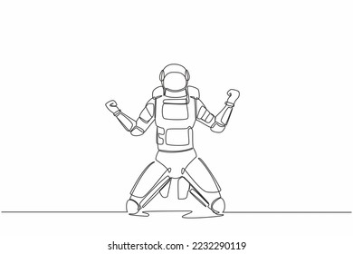 Continuous one line drawing happy astronaut kneeling with both hands yes gesture, celebrating success in orbital adventure. Cosmonaut outer space. Single line draw graphic design vector illustration