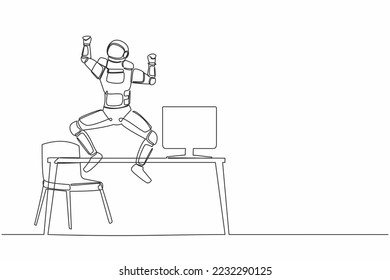 Continuous one line drawing happy astronaut jumping with raised hands near desk workplace. Celebrate successful wormhole journey. Cosmonaut outer space. Single line graphic design vector illustration