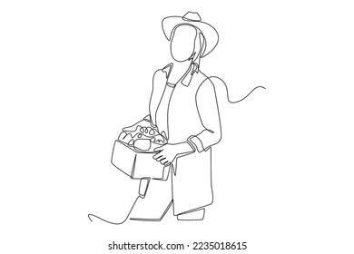 Continuous one line drawing happy woman farmer bring boxes of fruits and vegetables harvested. Agriculture concept. Single line draw design vector graphic illustration.