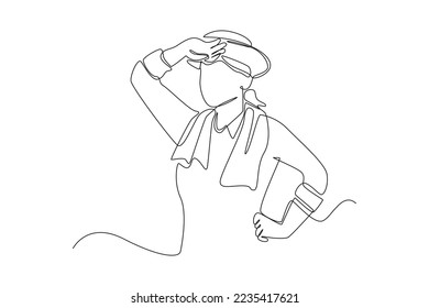 Continuous one line drawing happy female farmer with hat. Agriculture concept. Single line draw design vector graphic illustration.