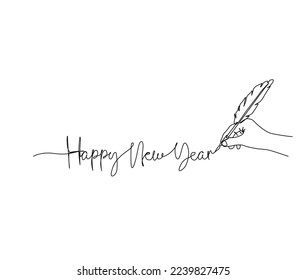 Continuous one line drawing of Happy New Year. Writing using quill pen. Happy New Year handwritten lettering new year text vector.