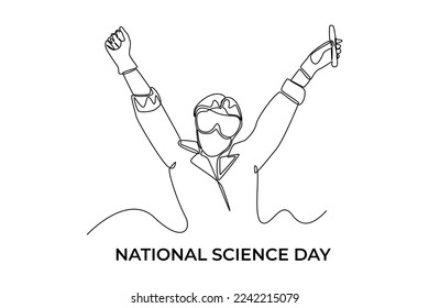 Continuous one line drawing happy scientific girl with tube in her hand. Science day concept. Single line draw design vector graphic illustration. 