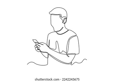 Continuo dibujo de una línea joven feliz escribiendo en un smartphone. Concepto de comunicación. Ilustración gráfica vectorial de diseño de líneas simples.