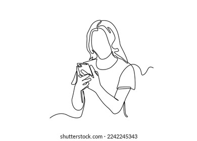 Continuous one line drawing happy young girl typing in smartphone. Communication concept. Single line draw design vector graphic illustration.