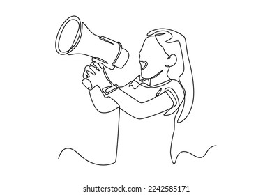 Continuous one line drawing happy cute little kid girl holding megaphone. Communication concept. Single line draw design vector graphic illustration.