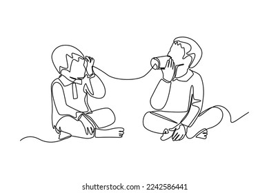 Continuous one line drawing happy little boys talk using string phone. Communication concept. Single line draw design vector graphic illustration.