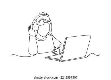 Continuous one line drawing happy little girl say hello by online in front of laptop. Communication concept. Single line draw design vector graphic illustration.