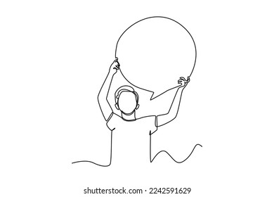 Continuous one line drawing happy young boy raised arms holding blank speech bubble in hand. Communication concept. Single line draw design vector graphic illustration.