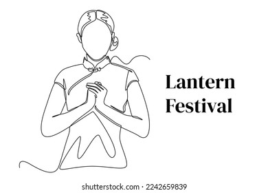 Continuous one line drawing happy young asian woman in chinese traditional clothing celebrate lantern festival. Lantern festival concept. Single line draw design vector graphic illustration.