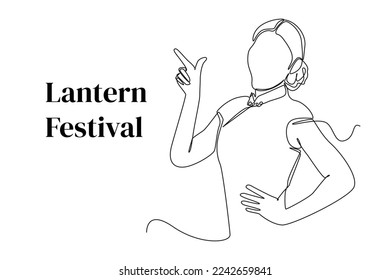 Continuous one line drawing happy young asian woman in chinese traditional clothing celebrate lantern festival. Lantern festival concept. Single line draw design vector graphic illustration.