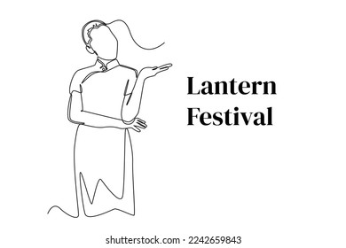 Continuous one line drawing happy young asian woman in chinese traditional clothing celebrate lantern festival. Lantern festival concept. Single line draw design vector graphic illustration.