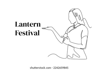 Continuous one line drawing happy young asian woman in chinese traditional clothing celebrate lantern festival. Lantern festival concept. Single line draw design vector graphic illustration.