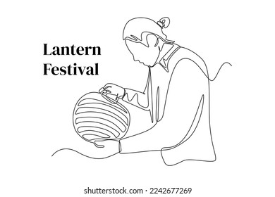 Continuous one line drawing happy man prepare celebrating for lantern festival. Lantern festival concept. Single line draw design vector graphic illustration.