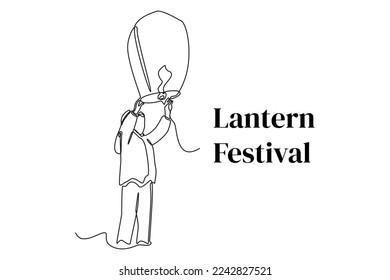 Continuous one line drawing happy boy flying Paper lights. Lantern festival concept. Single line draw design vector graphic illustration.