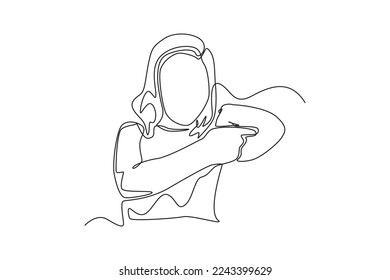 Continuous one line drawing happy girl showing her elbow. Kids body parts anatomy concept. Single line draw design vector graphic illustration.