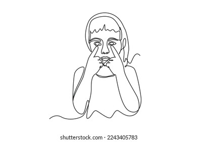 Continuous one line drawing happy girl showing her eyes. Kids body parts anatomy concept. Single line draw design vector graphic illustration.