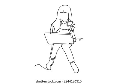 Continuous one line drawing happy girl using credit or debit card for online transaction through laptop. Cashless concept. Single line draw design vector graphic illustration.