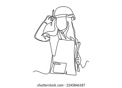 Continuous one line drawing Happy girl character wearing construction worker outfits. Supply chain management concept. Single line draw design vector graphic illustration.