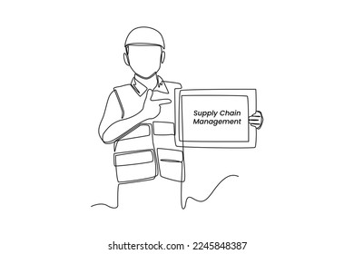 Continuous one line drawing Happy smart kid boy character wearing construction worker outfits. Supply chain management concept. Single line draw design vector graphic 