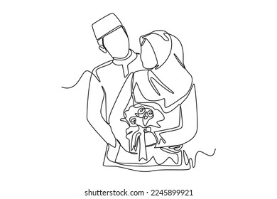 Continuous one line drawing Happy muslim bride   groom in wedding dress  Wedding Concept  Single line draw design vector graphic illustration 