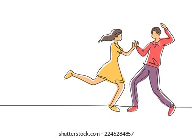 Continuous one line drawing happy couple man and woman performing dance at school, studio, party. Male and female characters dancing tango together. Single line draw design vector graphic illustration
