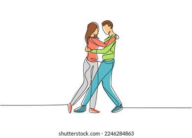 Continuous one line drawing happy people dancing salsa. Couples, man and woman in dance. Pairs of dancers with waltz tango and salsa styles moves. Single line draw design vector graphic illustration