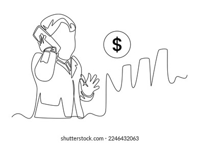 Continuous one line drawing happy cute boy because financial graph arrow is increasing. Economics and business concept. Single line draw design vector graphic illustration.