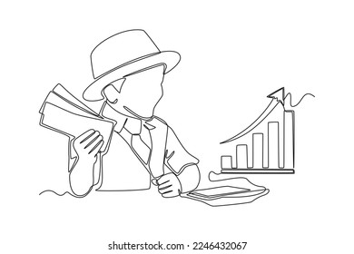 Continuous one line drawing happy cute boy because financial graph arrow is increasing. Economics and business concept. Single line draw design vector graphic illustration.