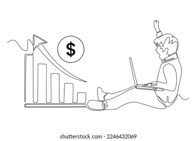 Continuous one line drawing happy cute boy because financial graph arrow is increasing. Economics and business concept. Single line draw design vector graphic illustration.