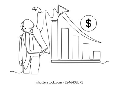 Continuo dibujo de una línea feliz chico lindo porque la flecha del gráfico financiero está aumentando. Concepto económico y empresarial. Ilustración gráfica vectorial de diseño de líneas simples.