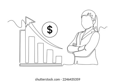 Continuous one line drawing Happy business woman because financial graph arrow rising. Economics and business concept. Single line draw design vector graphic illustration.