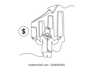 Continuous one line drawing Happy business woman because financial graph arrow rising. Economics and business concept. Single line draw design vector graphic illustration.