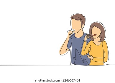 Continuous one line drawing happy couple bonding while brushing teeth in bathroom. Routine habits for cleanliness and health of mouth and teeth. Single line draw design vector graphic illustration