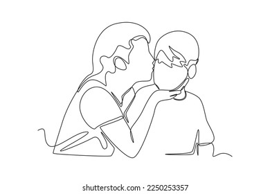 Continuous one line drawing Happy mother gives a kiss to her teenage son. Raising teens concept. Single line draw design vector graphic illustration.